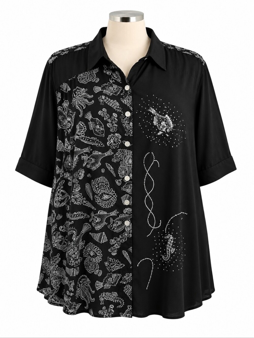 Vintage BOP Womens 3X Shirt Beaded Art To Wear Sea Life Fish Lagenlook Black